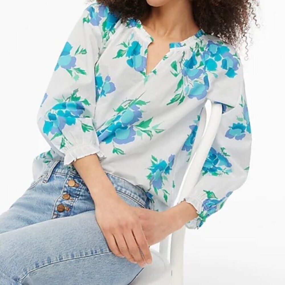 J Crew Women's  Blouse Cotton Tropical Top Blue‎